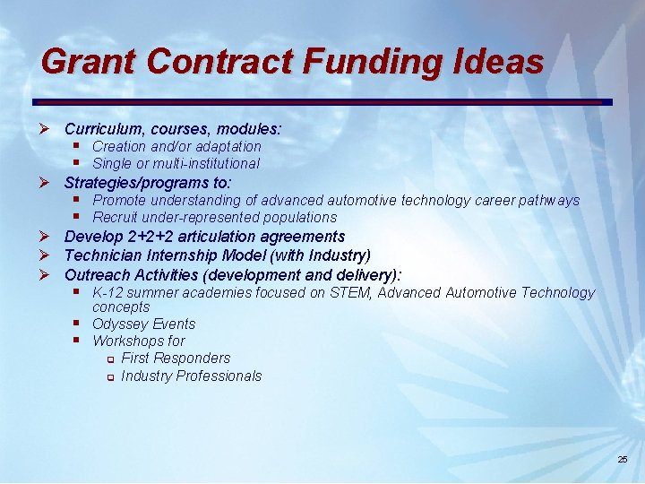 Grant Contract Funding Ideas Ø Curriculum, courses, modules: Ø Ø § Creation and/or adaptation Grant Contract Funding Ideas Ø Curriculum, courses, modules: Ø Ø § Creation and/or adaptation