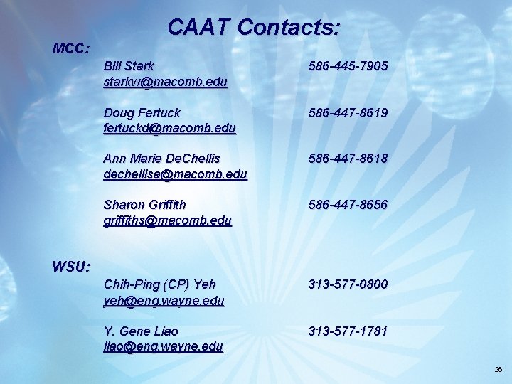 CAAT Contacts: MCC: Bill Stark starkw@macomb. edu 586 -445 -7905 Doug Fertuck fertuckd@macomb. edu CAAT Contacts: MCC: Bill Stark starkw@macomb. edu 586 -445 -7905 Doug Fertuck fertuckd@macomb. edu
