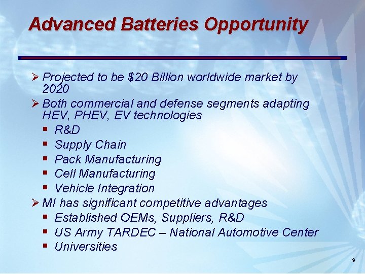 Advanced Batteries Opportunity Ø Projected to be $20 Billion worldwide market by 2020 Ø Advanced Batteries Opportunity Ø Projected to be $20 Billion worldwide market by 2020 Ø
