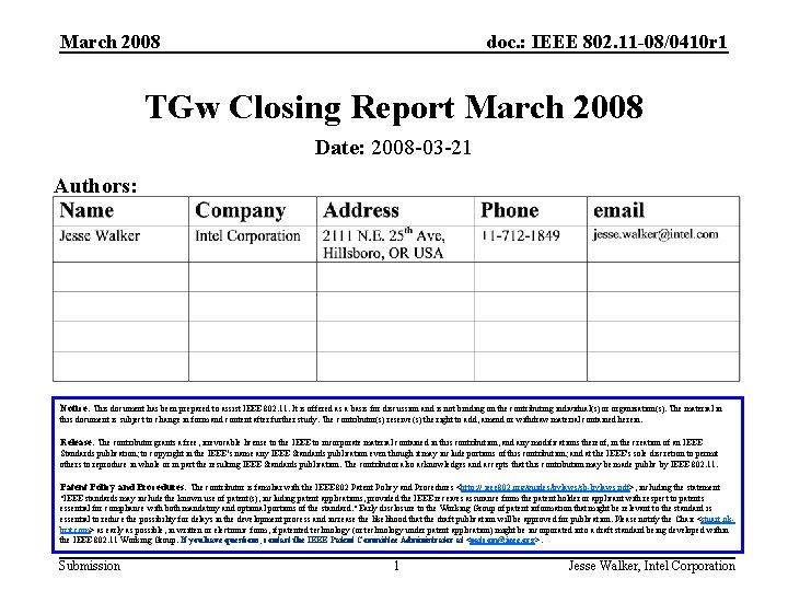 March 2008 doc. : IEEE 802. 11 -08/0410 r 1 TGw Closing Report March