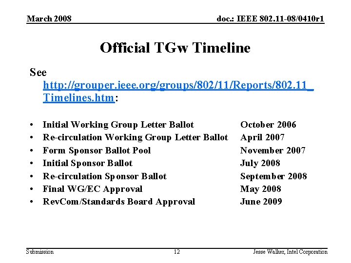 March 2008 doc. : IEEE 802. 11 -08/0410 r 1 Official TGw Timeline See