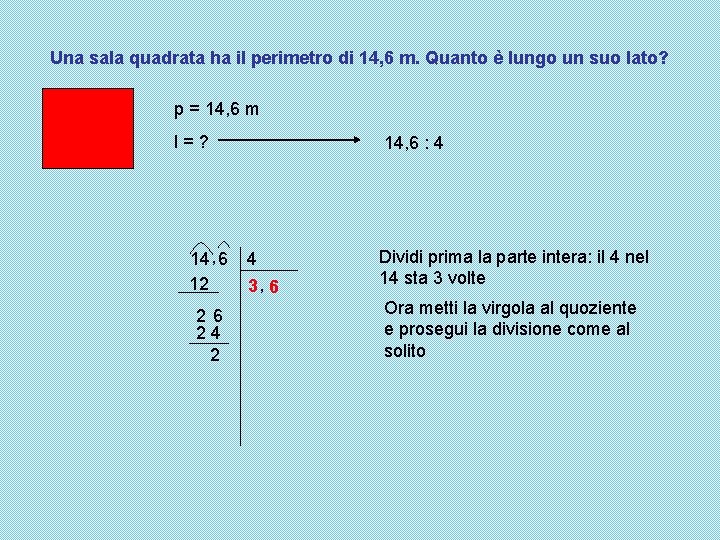 Una sala quadrata ha il perimetro di 14, 6 m. Quanto è lungo un Una sala quadrata ha il perimetro di 14, 6 m. Quanto è lungo un