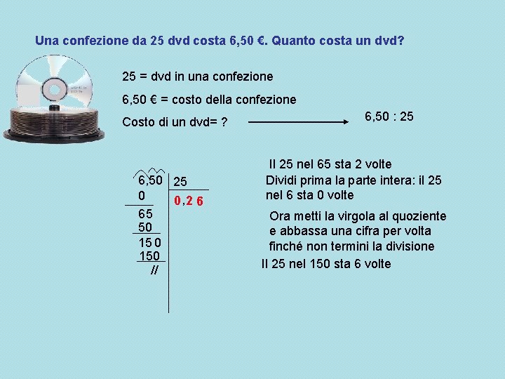 Una confezione da 25 dvd costa 6, 50 €. Quanto costa un dvd? 25 Una confezione da 25 dvd costa 6, 50 €. Quanto costa un dvd? 25