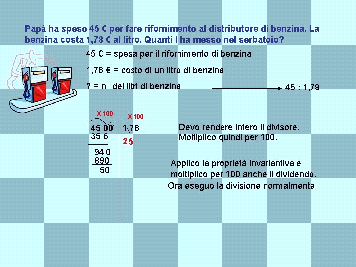 Papà ha speso 45 € per fare rifornimento al distributore di benzina. La benzina Papà ha speso 45 € per fare rifornimento al distributore di benzina. La benzina