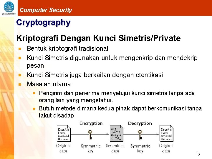 Computer Security Cryptography Kriptografi Dengan Kunci Simetris/Private Bentuk kriptografi tradisional Kunci Simetris digunakan untuk