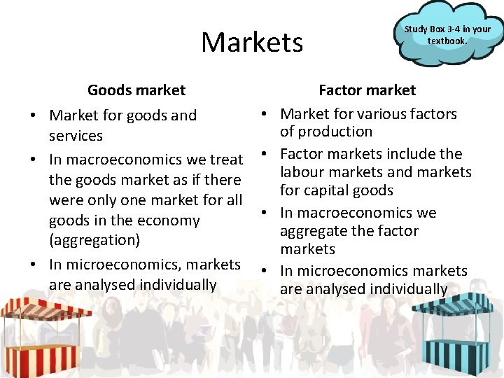 Markets Goods market • Market for goods and services • In macroeconomics we treat