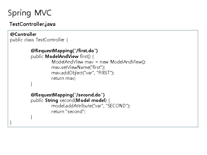 Spring MVC Test. Controller. java @Controller public class Test. Controller { @Request. Mapping("/first. do")