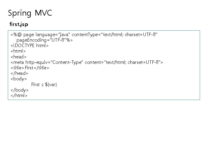 Spring MVC first. jsp <%@ page language="java" content. Type="text/html; charset=UTF-8" page. Encoding="UTF-8"%> <!DOCTYPE html>