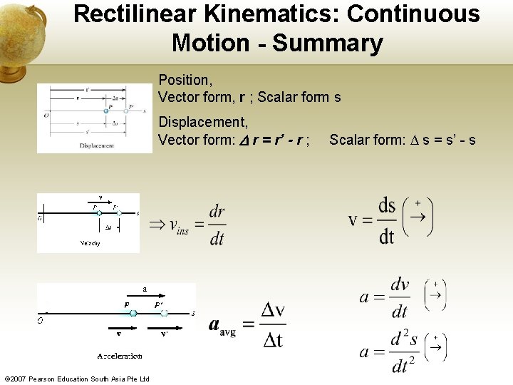 Rectilinear Kinematics: Continuous Motion - Summary Position, Vector form, r ; Scalar form s