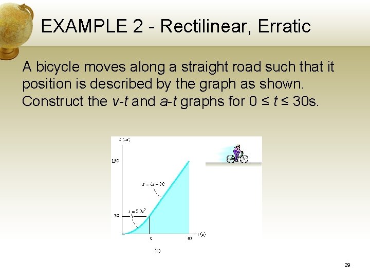 EXAMPLE 2 - Rectilinear, Erratic A bicycle moves along a straight road such that