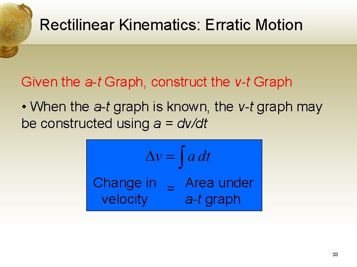Rectilinear Kinematics: Erratic Motion Given the a-t Graph, construct the v-t Graph • When