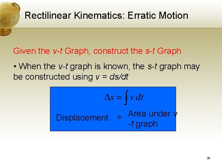 Rectilinear Kinematics: Erratic Motion Given the v-t Graph, construct the s-t Graph • When