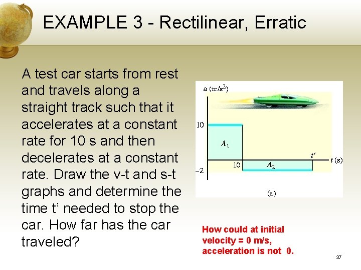 EXAMPLE 3 - Rectilinear, Erratic A test car starts from rest and travels along