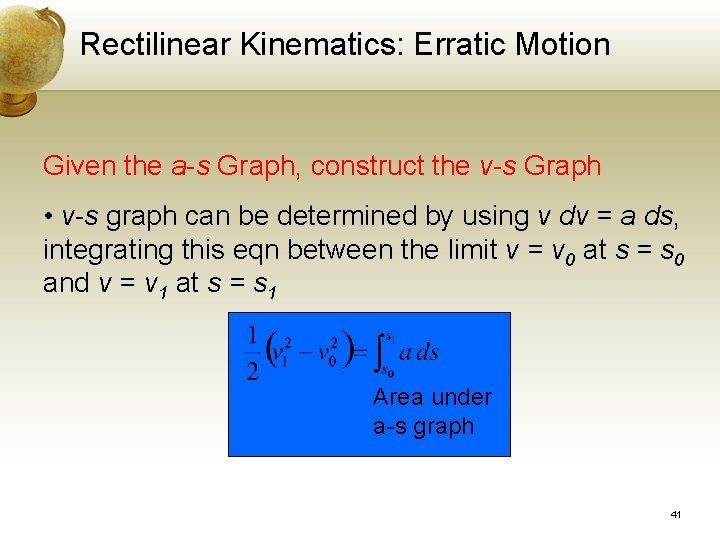 Rectilinear Kinematics: Erratic Motion Given the a-s Graph, construct the v-s Graph • v-s