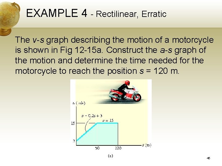 EXAMPLE 4 - Rectilinear, Erratic The v-s graph describing the motion of a motorcycle