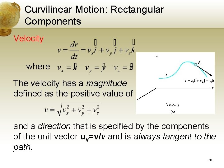 Curvilinear Motion: Rectangular Components Velocity where The velocity has a magnitude defined as the