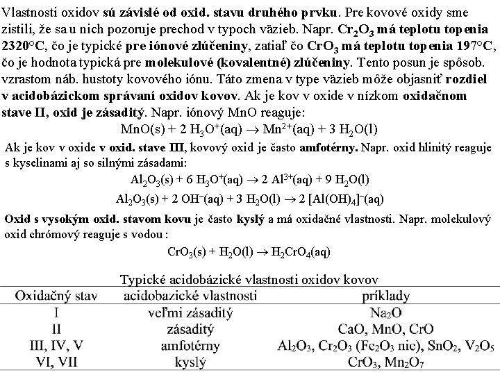 Vlastnosti oxidov sú závislé od oxid. stavu druhého prvku. Pre kovové oxidy sme zistili,