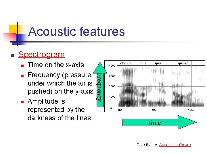 Acoustic features n Spectrogram n n Frequency n Time on the x-axis Frequency (pressure