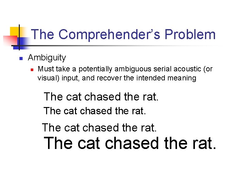 The Comprehender’s Problem n Ambiguity n Must take a potentially ambiguous serial acoustic (or