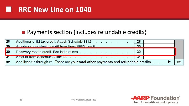 RRC New Line on 1040 28 Payments section (includes refundable credits) TRS Webinar August