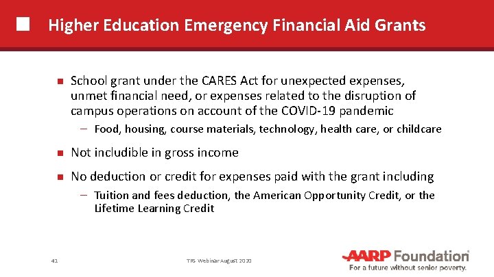 Higher Education Emergency Financial Aid Grants School grant under the CARES Act for unexpected