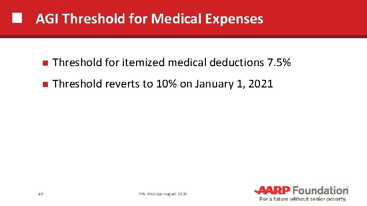 AGI Threshold for Medical Expenses Threshold for itemized medical deductions 7. 5% Threshold reverts
