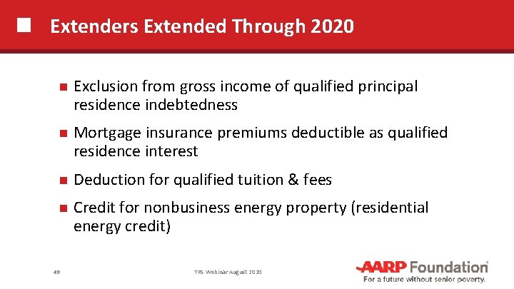 Extenders Extended Through 2020 Exclusion from gross income of qualified principal residence indebtedness Mortgage