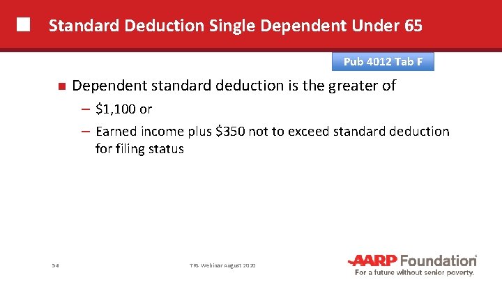 Standard Deduction Single Dependent Under 65 Pub 4012 Tab F Dependent standard deduction is
