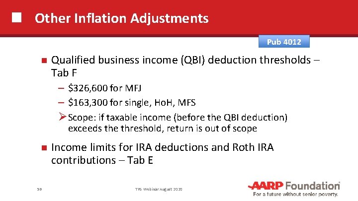Other Inflation Adjustments Pub 4012 Qualified business income (QBI) deduction thresholds – Tab F