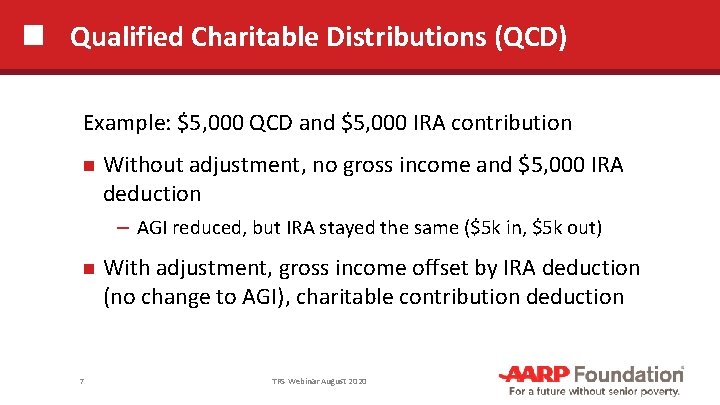 Qualified Charitable Distributions (QCD) Example: $5, 000 QCD and $5, 000 IRA contribution Without