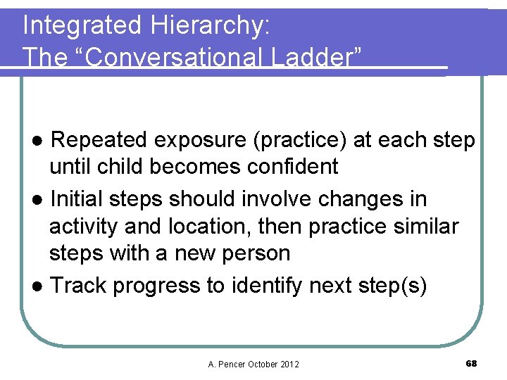 Integrated Hierarchy: The “Conversational Ladder” ● Repeated exposure (practice) at each step until child