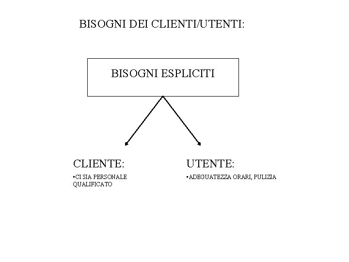 BISOGNI DEI CLIENTI/UTENTI: BISOGNI ESPLICITI CLIENTE: UTENTE: • CI SIA PERSONALE QUALIFICATO • ADEGUATEZZA