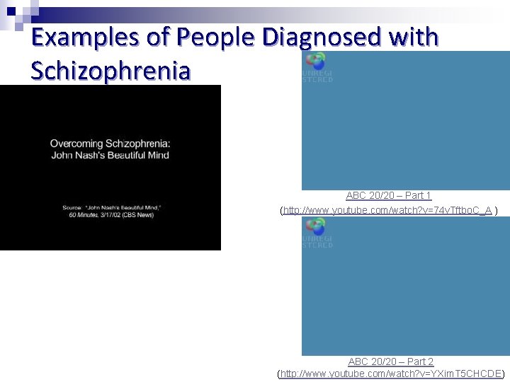 Examples of People Diagnosed with Schizophrenia ABC 20/20 – Part 1 (http: //www. youtube.