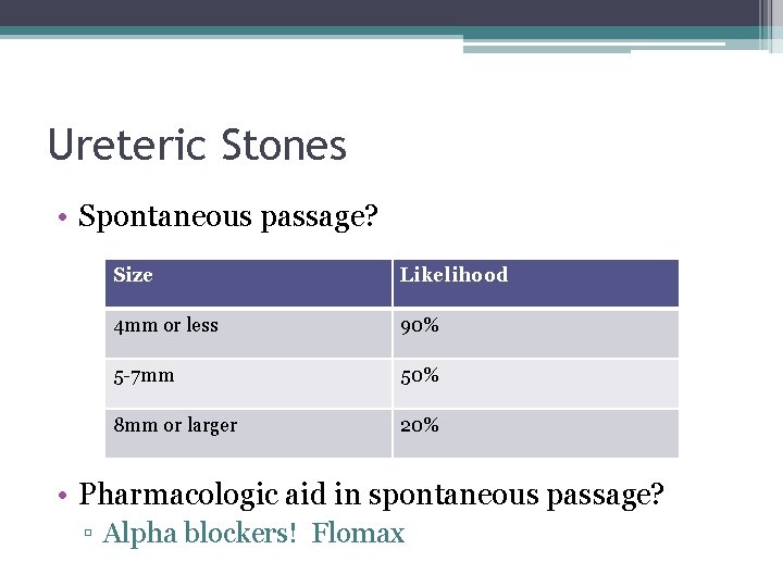 Ureteric Stones • Spontaneous passage? Size Likelihood 4 mm or less 90% 5 -7
