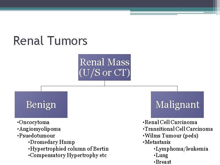 Renal Tumors Renal Mass (U/S or CT) Benign • Oncocytoma • Angiomyolipoma • Psuedotumour