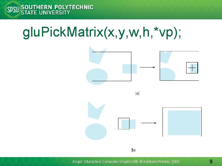 glu. Pick. Matrix(x, y, w, h, *vp); Angel: Interactive Computer Graphics 5 E ©