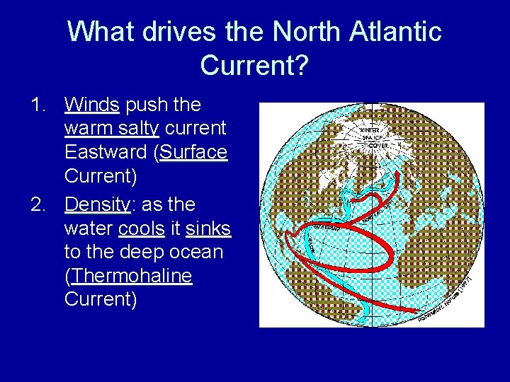 What drives the North Atlantic Current? 1. Winds push the warm salty current Eastward
