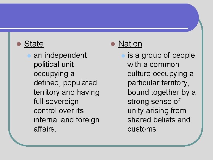 l State l an independent political unit occupying a defined, populated territory and having