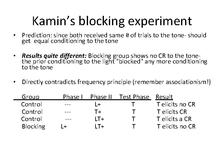 Kamin’s blocking experiment • Prediction: since both received same # of trials to the