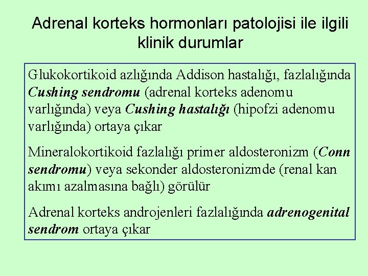 Adrenal korteks hormonları patolojisi ile ilgili klinik durumlar Glukokortikoid azlığında Addison hastalığı, fazlalığında Cushing