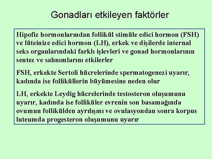 Gonadları etkileyen faktörler Hipofiz hormonlarından follikül stimüle edici hormon (FSH) ve lüteinize edici hormon