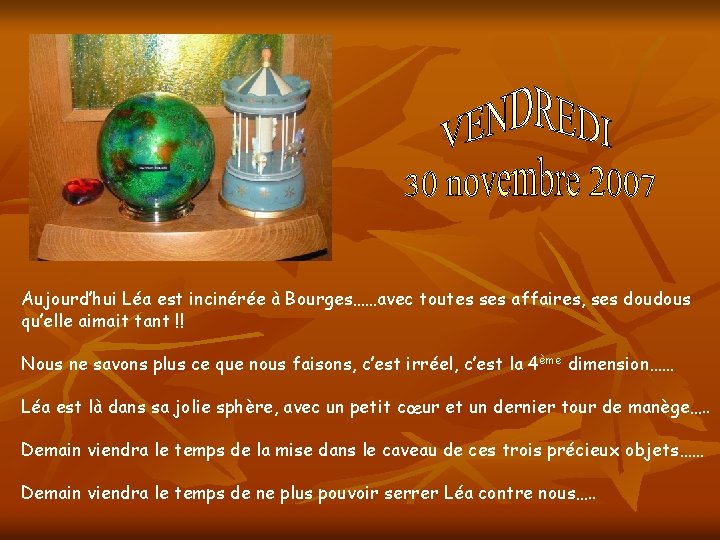 Aujourd’hui Léa est incinérée à Bourges……avec toutes ses affaires, ses doudous qu’elle aimait tant