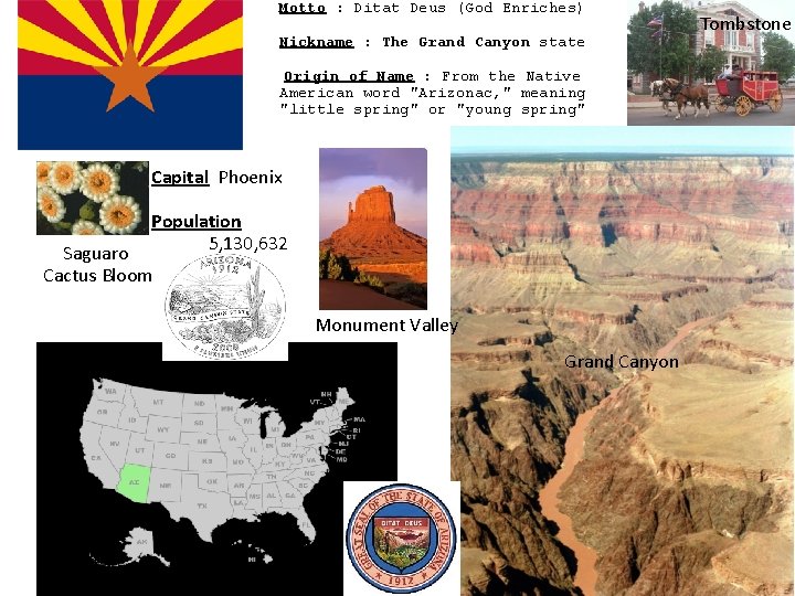 Motto : Ditat Deus (God Enriches) Nickname : The Grand Canyon state Origin of