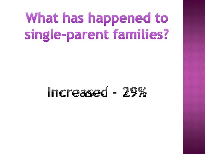 What has happened to single-parent families? Increased – 29% 