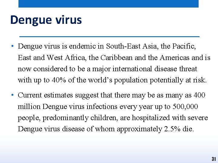 Dengue virus • Dengue virus is endemic in South-East Asia, the Pacific, East and