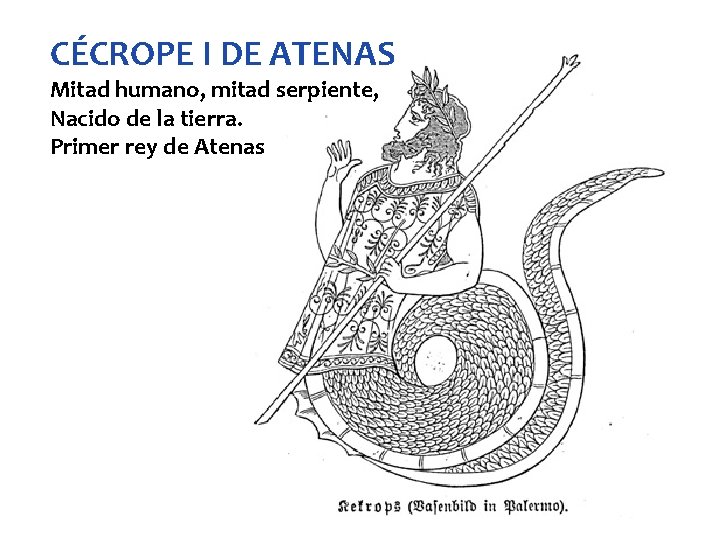 CÉCROPE I DE ATENAS Mitad humano, mitad serpiente, Nacido de la tierra. Primer rey