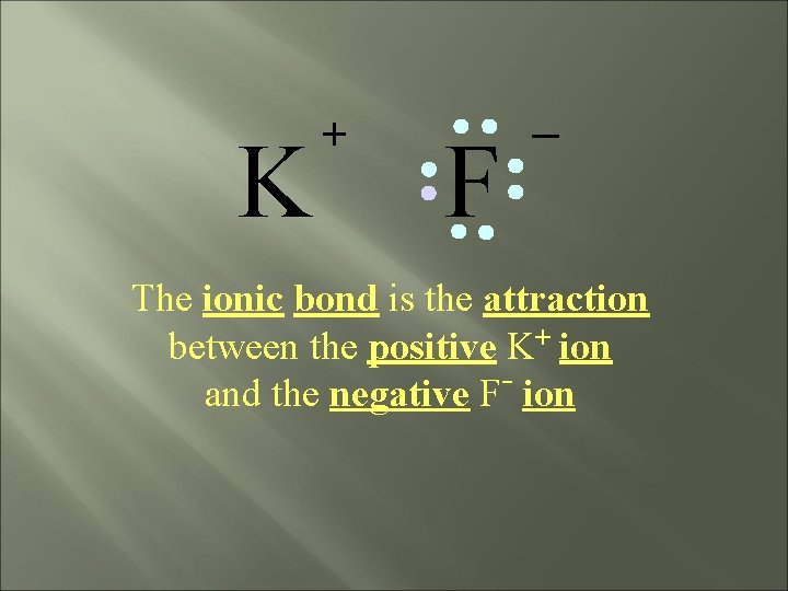 K + F _ The ionic bond is the attraction between the positive K+
