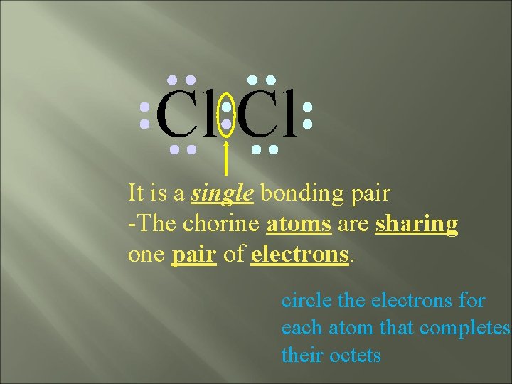 Cl Cl It is a single bonding pair -The chorine atoms are sharing one