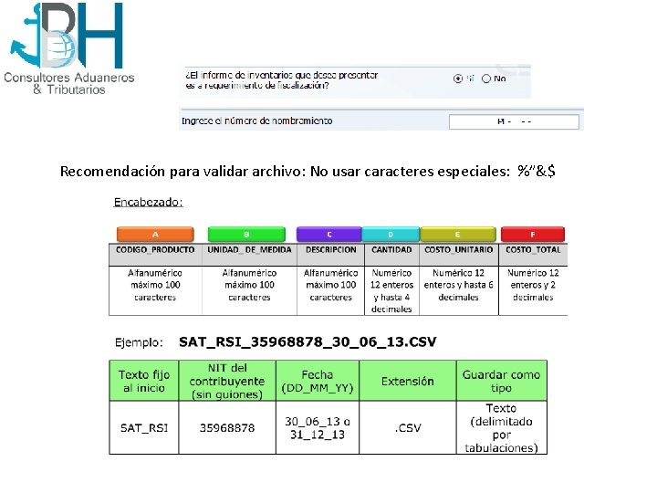 Recomendación para validar archivo: No usar caracteres especiales: %”&$ 