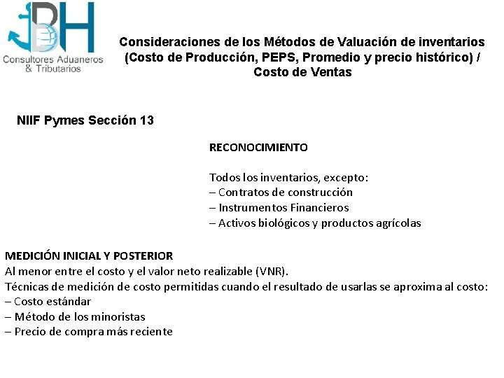 Consideraciones de los Métodos de Valuación de inventarios (Costo de Producción, PEPS, Promedio y